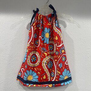 Hanna Anderson girl's size 6/7 red floral pillowcase dress w/ navy ribbon.EUC